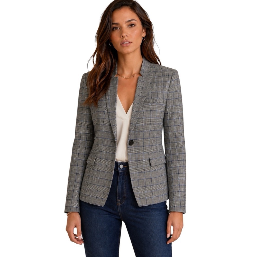 Veronica Beard Gray Blue Plaid Dickey Jacket Blazer Stand Collar. Sz 0